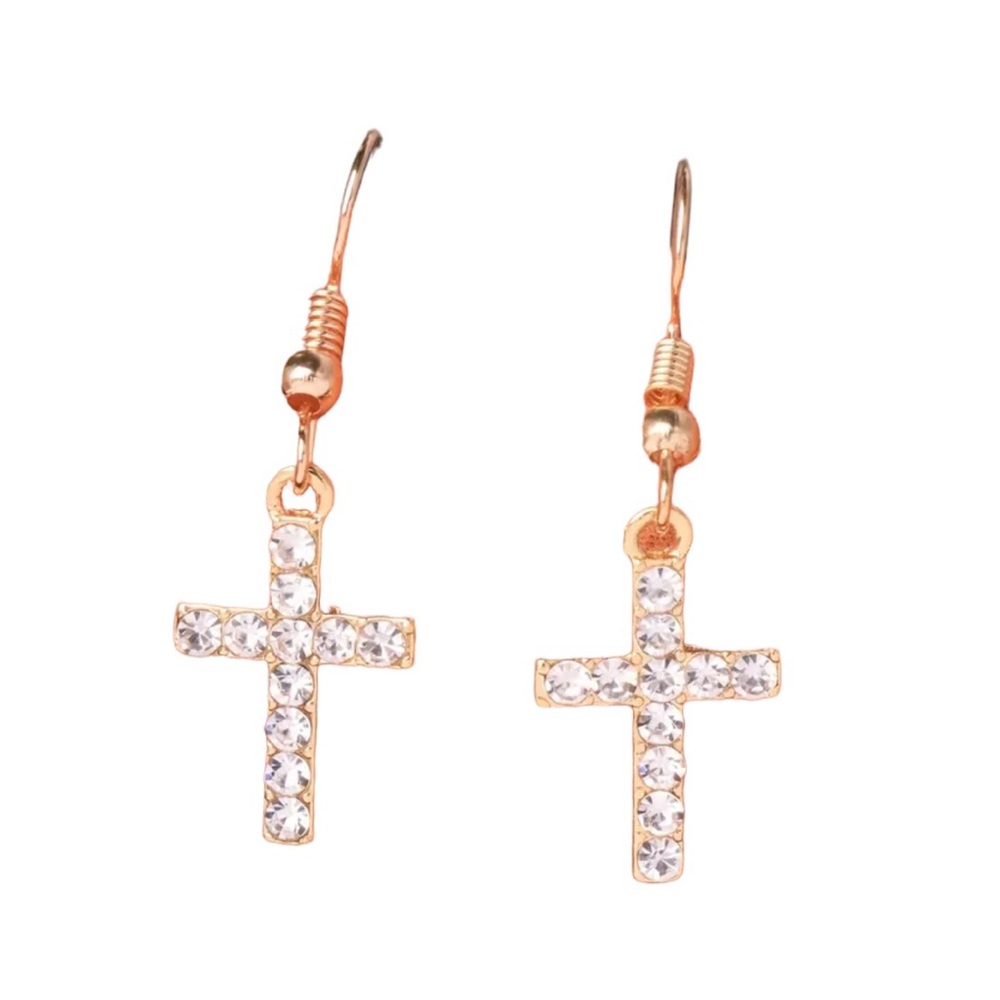 Gold and Rhinestone Religious Cross Style Drop Earrings